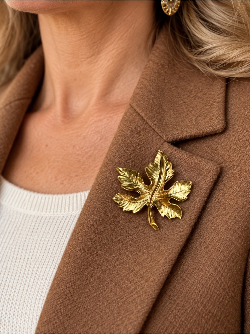 Gold Tone Autumn Leaf Brooch Textured Leaf Vintage Statement Pin